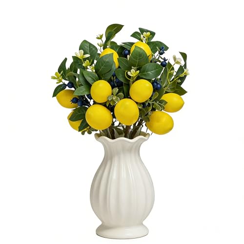 13 Inch Artificial Lemon Branches (6 Pack), Lifelike Faux Fruit Lemon Blueberry Stems for Home Decor Wedding Flower Arrangements Holiday Decorations
