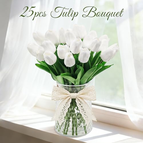 25Pcs Tulips Artificial Flowers, Faux Tulips Artificial Tulips Real Touch Tulip Fake Flowers Bouquets for Spring Wedding Home Kitchen Office Party Decor (White) - color: White