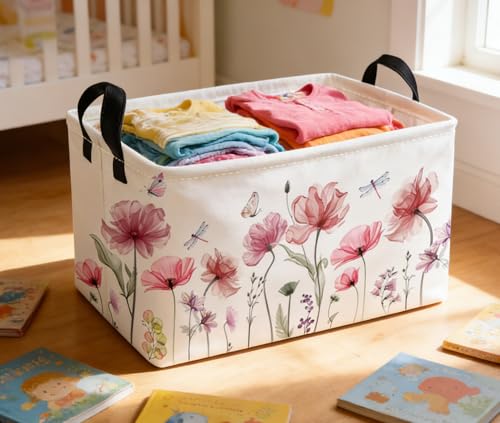 Essme Rectangular Flower Basket,Girls Baskets Empty with Handles,Cute Baskets for Kids Room Decor,Boys and Girls, Gift Basket,(Flowers) - color: Flowers
