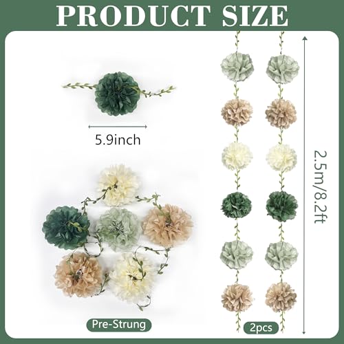 Sage Green Beige Party Decorations Tissue Paper Flowers Pom Pom with Leaf Ribbon Hanging Garland Streamer for Neutral Baby Shower Birthday Wedding Bachelorette Safari Jungle Woodland Party Supplies - color: Sage Green