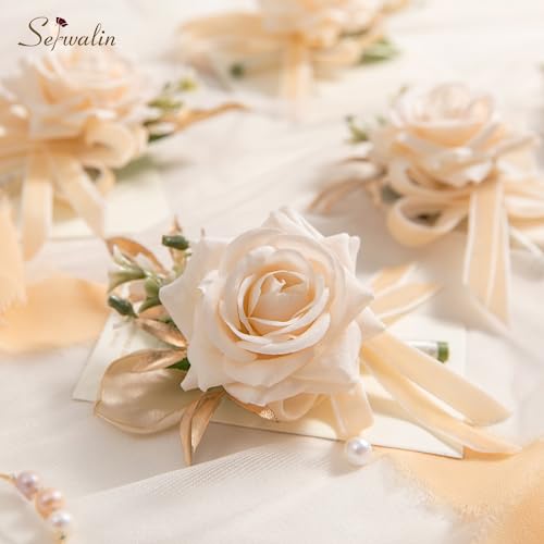 Serwalin 6 Pcs Champagne Boutonniere for Men Wedding, Groom and Best Man Boutonniere with Silk Rose Ceremony Anniversary Formal Dinner Party Artificial Flowers Prom Suit Decorations - color: Champagne, size: Boutonniere 6pcs