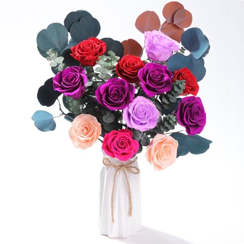 Lovenfold Flowers for Delivery Birthday Flowers Gift for Her,Preserved Flowers Bouquet 12 Roses Mixed Bouquet,Rose Gifts for Women Mom Grandma(Mixed 12 Purple-A Roses) - color: Mixed purple