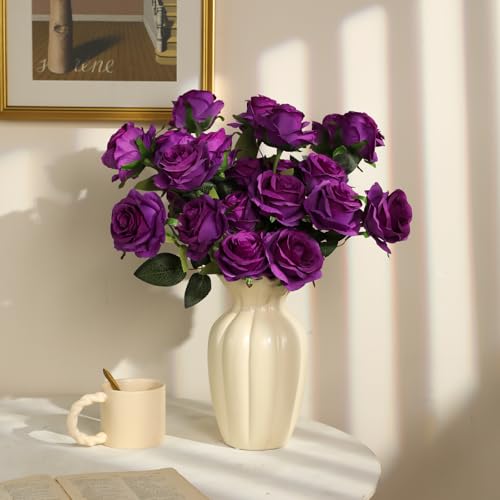 Nubry 24pcs Artificial Purple Roses, Fake Silk Roses Flower with Long Stems, Realistic Flowers for Bridal Wedding Party Table Centerpiece Home Decor - color: Purple