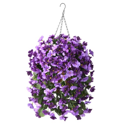 INQCMY Artificial Fake Hanging Flowers Plants with Basket for Spring Summer Outdoor Decoration,Faux Silk Begonia in Planter UV Resistant Look Real for Home Porch Yard Patio Balcony Decor - color: Purple Orchid
