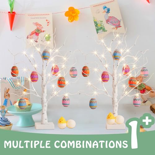 PEIDUO Easter Decorations for Home, 2FT 24LT Egg Tree Lighted with Battery Powered and Timer, Lighted Easter Trees Decor, Pre-lit White Birch Tree for Party Spring Decor - style: Easter tree