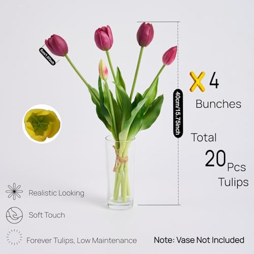 Avoeco 20Pcs Artificial Tulips Flowers Real Touch Latex – Faux Tulips Bouquet for Home Decor, Wedding Centerpieces, Spring Floral Arrangements, Fake Flowers for Vase Decoration (20, Purple Deep) - color: Purple Deep