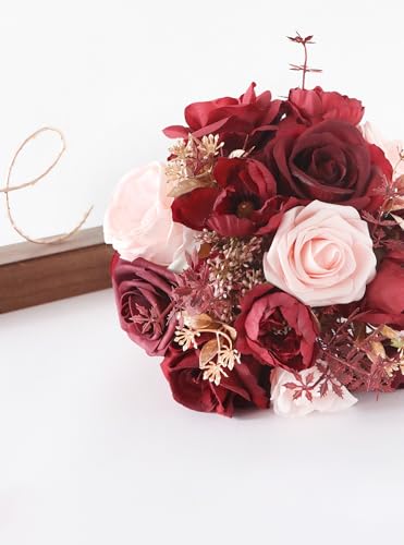 8.6in Artificial Wedding Bridal Bouquet - Burgundy Rose Floral Arrangement for Bride, Bridesmaid, Wedding Toss, Ceremony & Home Decor (Burgundy) - color: Burgundy