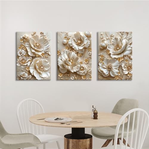 3 Pcs Modern Beige Gold Peony Floral Canvas Wall Art, Neutral Elegant 3d Beige Flowers Wall Painting White Blooming Floral Pictures Posters Art Print Home Decor for Bedroom Living Room Office 20"x28"x3 - color: Flower-gold peony, size: 20"x28"x3Pcs