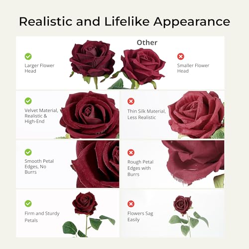 Auihiay 14PCS Burgundy Roses, Burgundy Roses Artificial Flowers, Velvet Silk Rose Bouquet with Long Stems for Father's Day, Valentine's Day Gift, Wedding Centerpieces & Home Decor - color: Burgundy