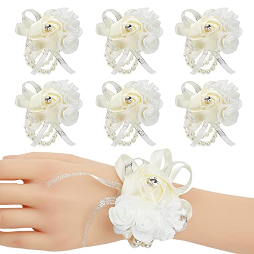 6pcs Beige-White Wedding Wrist Corsages Faux Silk Rose for Women | for Wedding, Prom, Homecoming, and Evening Party, Corsages with Pearls for Brides, Bridesmaids, the Mother of the Bride - color: 6pcs Beige Wrist Corsages