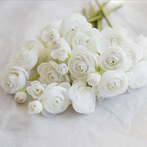 18 Pcs White Ranunculus Artificial Flowers Real Touch Mini White Ranunculus Flowers for Wedding DIY Bouquets Home Decor Arrangements - color: White