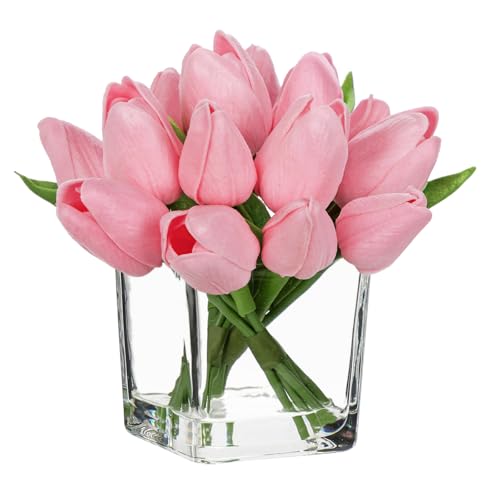 DILATATA Artificial Pale Pink Tulips in Vase with Faux Water 5.5" Real Touch Flowers Fake Tulips Small Flowers Arrangement in Cube Glass Vase for Mother's Day Table Centerpiece Wedding Home Decor - color: Square Vase/Pale Pink/1 Set