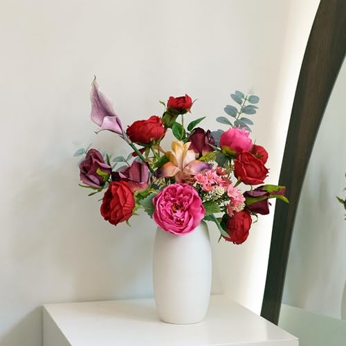 Artificial Flowers Arrangements, Fake Rose & Peony Real Touch Bouquet, Lifelike Faux Floral Assortment Centerpiece for Home Wedding Party Decor (Red & Pink Mixed)