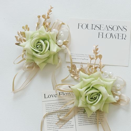 Alizeal 2Pcs of Wrist Corsage and Boutonniere Set, Artificial Flowers Accessories Suit Decor for Wedding Prom Party Homecoming Ceremony, Light Green - color: 701-light Green