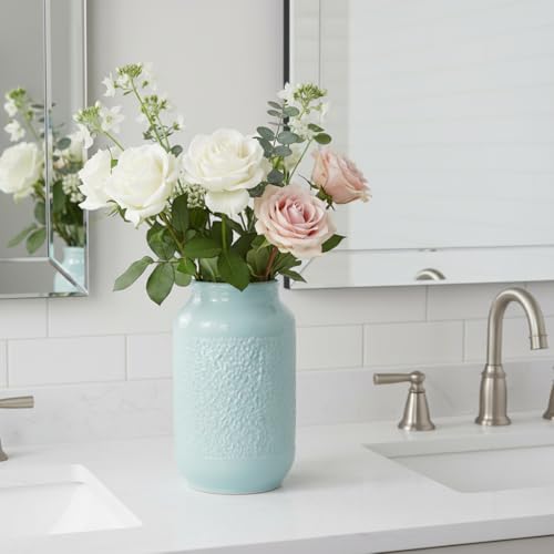 Blue Ceramic Vase for Home Decor - 9 Inch Textured Flower Vase for Table Centerpiece - Modern Decorative Pottery Vases for Flowers, Living Room, Shelf, Mantle Decor - color: Light Blue