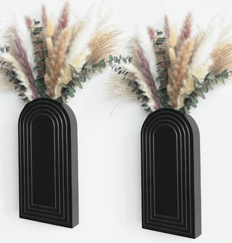 Modern Wall Vase Set of 2 - Black Boho Wood Wall Decor for Living Room, Dining Room & Entryway - Large Farmhouse Wall Mounted Flower Vases - Minimalist Art Wall Decor for Bathroom, Kitchen & Bedroom - style: C