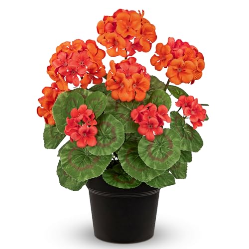 Briful 15.7in Artificial Geranium Plant in Black Pot, Orange Faux Potted Flowers, Real Touch Geraniums for Indoor Outdoor Decor, Table Centerpiece Farmhouse Home, Office, Porch & Living Room Decor - color: Orange#586