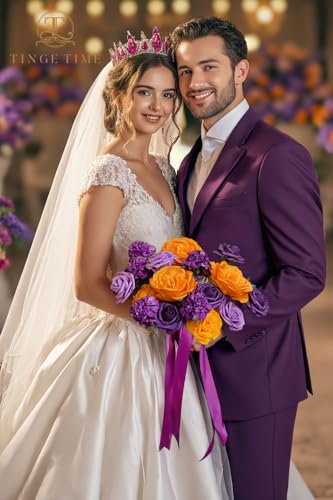 TINGE TIME Artificial Flowers, Fake Rose Silk Dahlia with Stems for DIY Bridal Wedding Bouquets Baby Shower Floral Arrangements Centerpiece Table Party Home Decorations (Burnt Orange and Purple) - color: Burnt Orange and Purple2