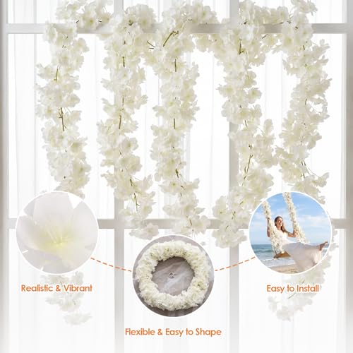 4 PCS Cherry Blossom Garland Artificial Silk Flower Vine Hanging Floral Decor for Wedding Arch Party Home Garden Wall Decoration (White) - size: 70in-4pcs-White