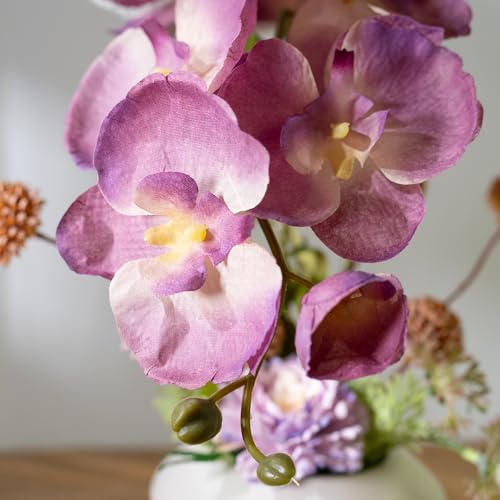 LESING Orchids Flowers Arrangement in Pot,Fake Silk Orchid Artificial Flower with Ceramic Vase Faux Orchid Flower Bonsai Vivid Phalaenopsis Flowers Potting Decoration (White Vase,Purple) - color: White Vase,purple