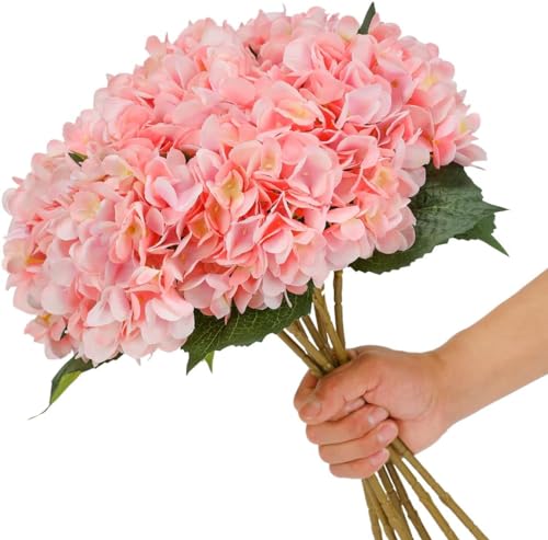 Pack of 5 Artificial Fake Flowers Plants Silk Hydrangea Arrangements Wedding Bouquets Decorations Plastic Floral Table Centerpieces Home Kitchen Garden Party Festival Bar(Pink) - color: Pink