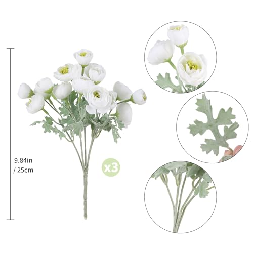 3 Bundles Mini White Peonies Artificial Flowers,9.84" White Silk Faux Ranunculus Flower,Artificial Peonies with Stems for Farmhouse Home Office Dining Table Wedding Spring Centerpiece Decor - color: White