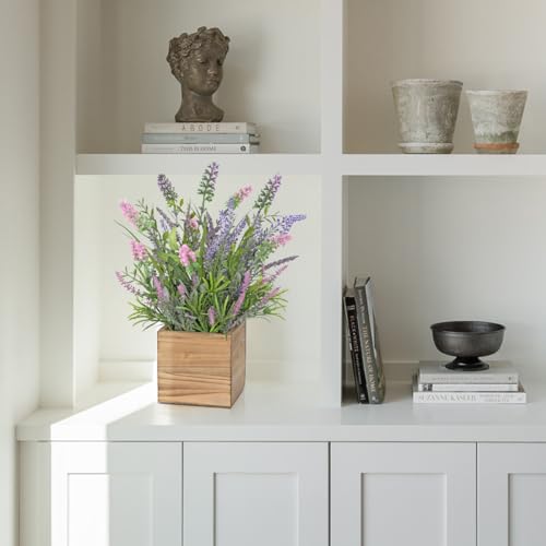 DILATATA Rustic Lavender Flowers Artificial Lavender Decor Fake Lavender Plant in Wooden Pot Faux Plants for Home Bathroom Table Centerpieces Wedding Decor Potted Lavender Flower Purple Decor - size: 13" W.P