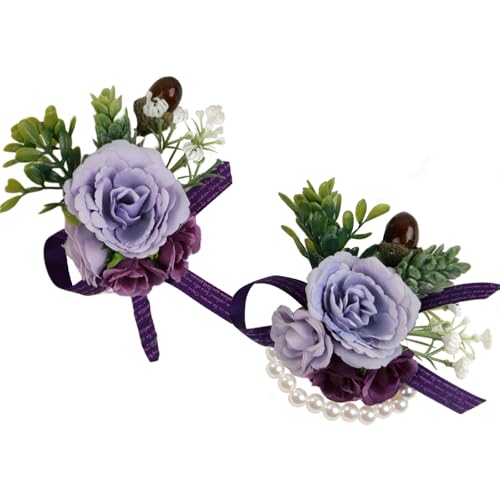 Alizeal 2Pcs of Wrist Corsage and Boutonniere Set, Artificial Flowers Accessories Suit Decor for Wedding Prom Party Homecoming Ceremony, Pastel Lilac - color: 701-pastel Lilac