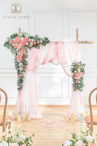 TINGE TIME Wedding Arch Flowers Kit - Deluxe 5pcs Artificial Floral Swag with 3 Sheer Drapes, Realistic Silk Flower Arrangements for Wedding Ceremony Arbor Backdrop Reception Party Home Decor - color: Peach Pink & White