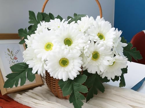 IPOPU 2 Bundles Artificial Gerbera Daisy Flower 14 Heads White Fake Chrysanthemums with Stems Faux Silk Daisy Flower for Wedding Bridal Bouquet Floral Arrangements Home Table Centerpiece Decor (White) - color: White