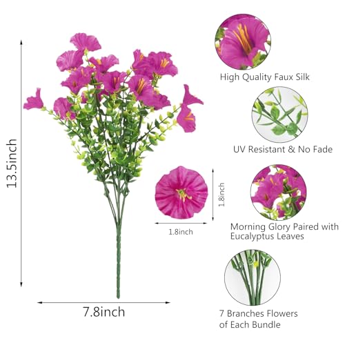 BSGlobal 12 Bundles Artificial Flowers for Outdoors Decoration, Faux Silk Morning Glory Flowers UV Resistant Fake Eucalyptus Plants for Spring Summer Garden Patio Home Decor (Fuchsia) - color: Fuchsia