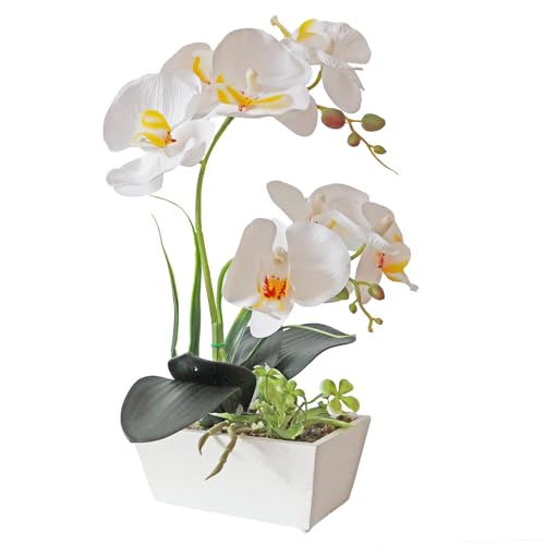 White Orchid Artificial Flowers Fake Potted Plants Dining Room Centerpieces for Tables Fake Orchid Home Office Decor Artificial Orchids That Look Real Realistic Table Decorations for Party - color: White
