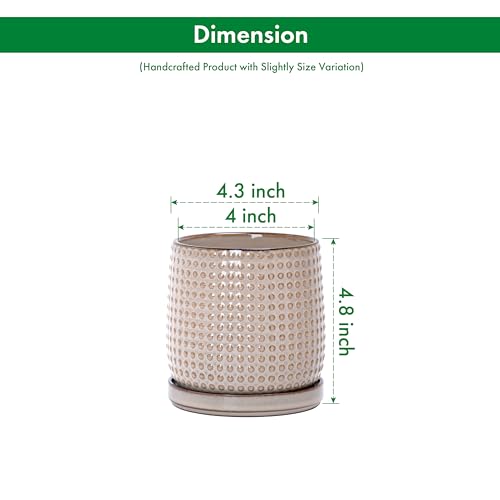 D'vine Dev 4 Inch Ceramic Beaded Stoneware Planter Pot - Flower Pot with Drainage Holes and Saucers for Indoor Succulent Plants or Flowers, Light Brown, 27-C-Z-4 - color: Light Brown, size: 4.3 Inch