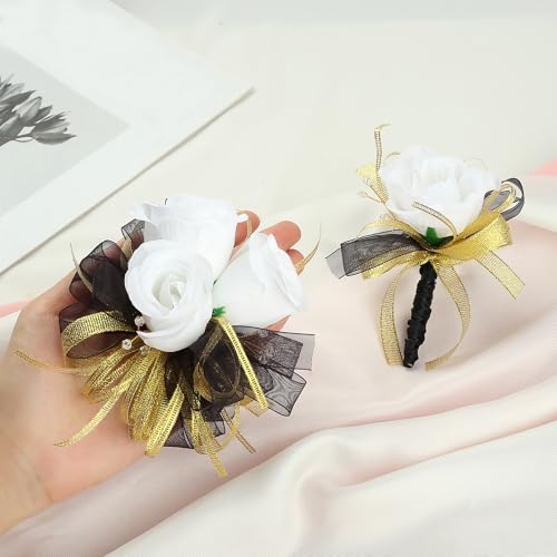 2pcs White Corsage and Boutonniere Set for Prom Decor Silk Corsages Wristlet Boutonniere for Men Corsage Artificial Flowers for Wedding Party Suit Decor - color: White Corsage - Double-cain