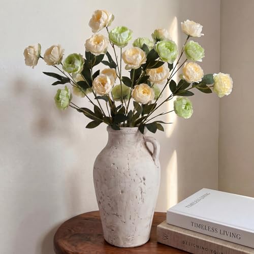 6 Pcs 32" Large Beige Green Artificial Peonies Stems Flowers, Real Look Faux Silk Peony Bouquet 42 Heads Total for Vase Filler, Farmhouse Rustic Neutral Home Decor, Wedding Centerpieces - color: Beige and Green