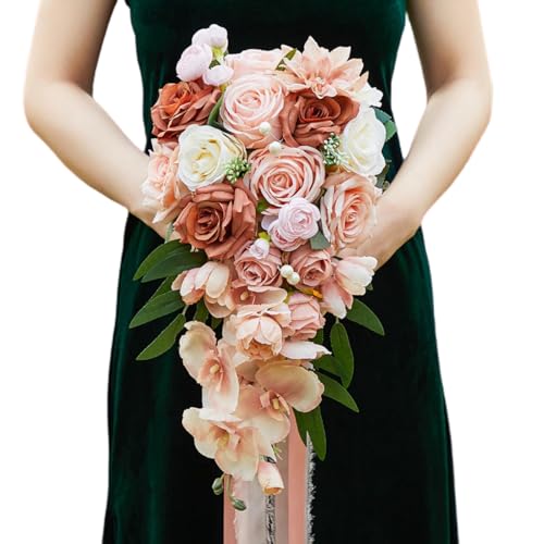 9.1Inch Peach Pink Cascading Bridal Bouquet for Bride Artificial Pink Rose Cascade Bridal Flower Bride Wedding Bouquet Peach Pink - color: Peach Pink
