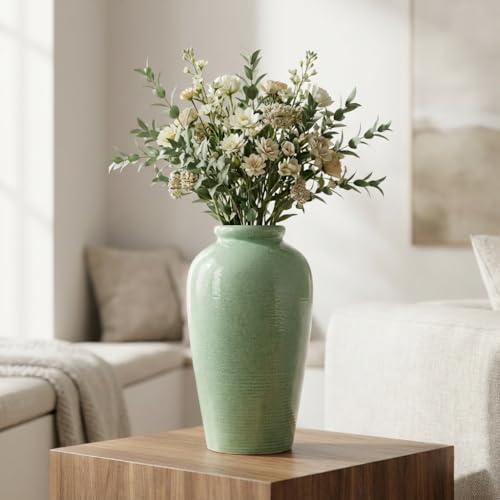 Green Ceramic Vase - 11 Inch Tall Modern Flower Vase for Pampas Grass, Pottery Decorative Vase for Centerpieces, Farmhouse Decor, Living Room, Kitchen, Shelf, Table Decor - color: Green