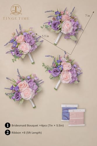 TINGE TIME Bridesmaid Bouquets for Wedding Set of 4 Violet&Mistyrose 7 Inch Wedding Bouquets Artificial Silk Flowers Bridal Bouquets for Bridesmaids, Wedding Decor, Anniversary - color: Violet & Misty Rose