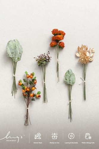 Ling's moment Artificial Greenery Stems Box Set, 53pcs with 7 Kinds of Faux Greenery Picks for DIY Bridal Bouquets Wedding Floral Arrangement Table Centerpieces, Terracotta & Green - color: Or-terracotta & Green