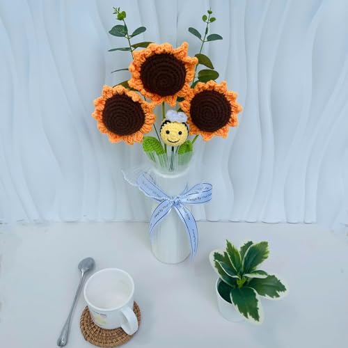 Completed Bee Crochet Flowers Bouquet, Handmade Knitted Bouquet, Crochet Artificial Flowers for Mother's Day Birthday, Wedding Home Decor, Gifts for Mom (Sunflower & Bee) - style: Sunflower & Bee