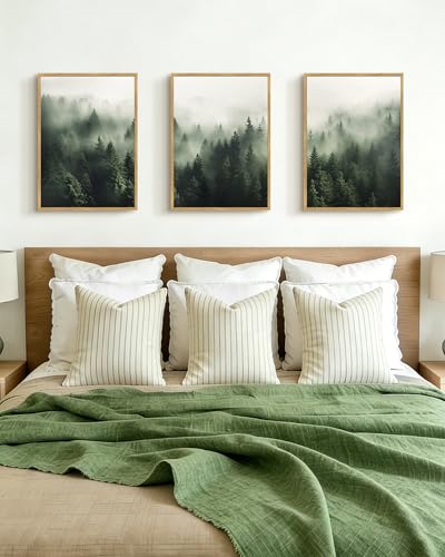 PHOPAGO Green Fog Pine Tree Framed Wall Art Nature Misty Nordic Forests Artwork Morden Paints for Living Room Hallway Decor - 12x16in Natural Framed - color: Green Pine Forest, size: 16L" x 12W" x 3 Pcs Natural