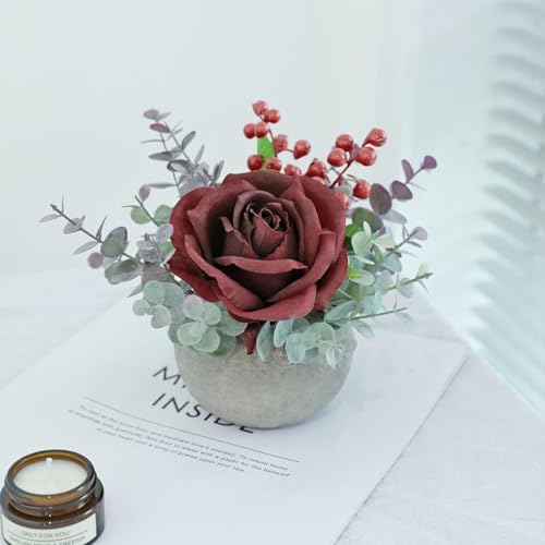 Small Artificial 2pcs Burgundy Rose Potted Plant, 6" Fake Silk Flowers in 3.5" Round Pot, Mini Faux Floral Arrangement for Desk Shelf Bathroom Decor - color: 2pcs Burgundy