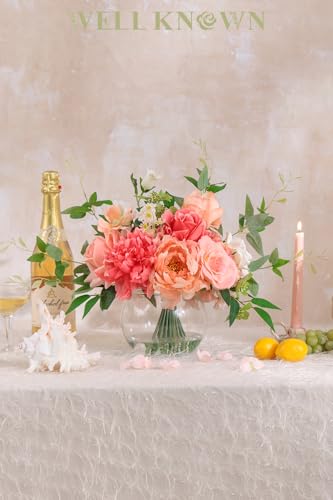 WELL KNOWN Artificial Flowers in Vase with Fake Water, Silk Peony Rose Flower Bouquet with Vase for Home Spring Decor Wedding Birthday Party Dining Table Centerpieces & Gift (Coral & Peach Plus) - color: Coral & Peach Plus