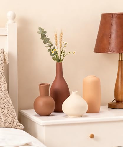 Ceramic Vase Home Decor Small Flowers Vase Set of 4 Living Room Decoration Bookshelf Bedroom Office Kitchen Dining Table Modern Farmhouse - color: 08 Reddish Brown/Orange/Brown/Beige