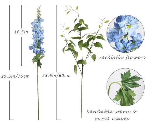 8PCS Blue Delphinium Artificial Flowers 29.5" Combo Clematis Greenery 23.6" Long Stem Flowers for Tall Vase Larkspur Silk Flowers Floral Arrangements Table Party Home Decor (Ice Blue) - color: Blue
