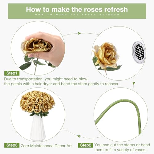 Thiccywoov 30 Pcs Rose Artificial Flowers in Bulk Lifelike Long Stem Silk Roses Bouquets Realistic Faux Flowers for Wedding Bridal Shower Home Decor Floral Arrangements Table Centerpiece(Gold) - color: Gold