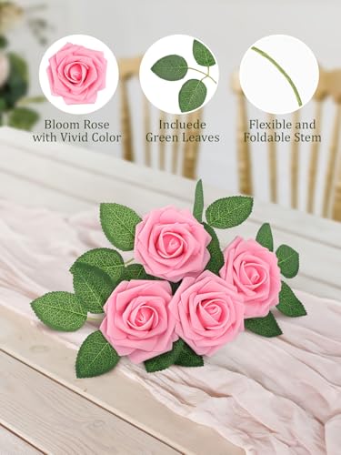 MACTING Artificial Flowers 30PCS Pink Fake Flowers with Stem Real Touch Soft Foam Roses Wedding Bouquet Table Centerpieces Party Bridal Shower Birthday Home Summer Decorations - color: Pink, size: 30PCS