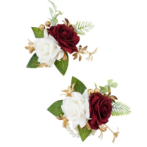 Burgundy Corsage and Boutonniere Set for Wedding Prom, Artificial Rose Flower Wrist Corsage Bracelets, Homecoming Corsage Wristlet, Boutonniere for Men Wedding Suit Decorations - color: Burgundy