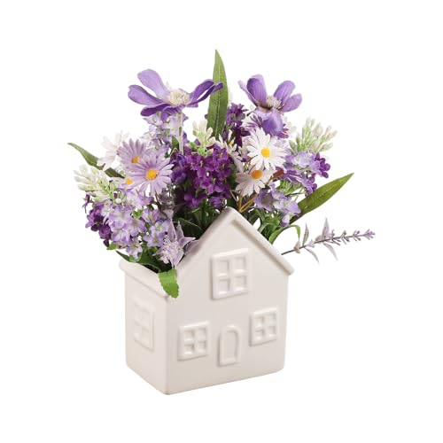 Small Fake Flowers Plants, Mini Artificial Lavender Flowers Purple Daisy in Ceramic Pot, Faux Potted Plants for Centerpiece Table Decorations Home Office Bathroom Tabletop Spring Decor