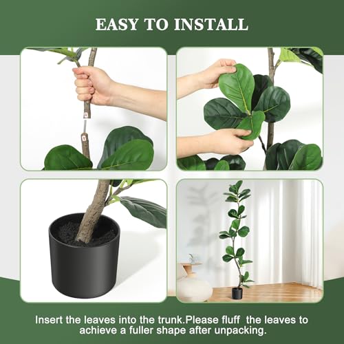GarveeHome Artificial Fiddle Leaf Fig Tree - 5 ft Fake Plant with Black Nursery Planter, Large Fake Tree for Home or Office Decor - Artificial Plants Indoor Outdoor, Housewarming Gift - size: 5ft